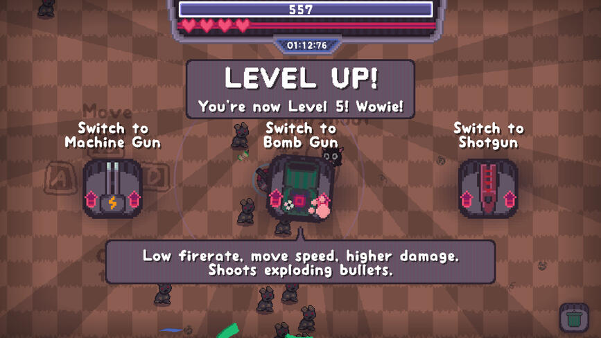 Showcase of a level up in Dustpocalypse, selecting between a new gun to use!